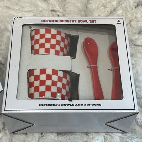 Red White Checkered vintage home Ceramic Dessert Bowl Set host goods new - Picture 4 of 4